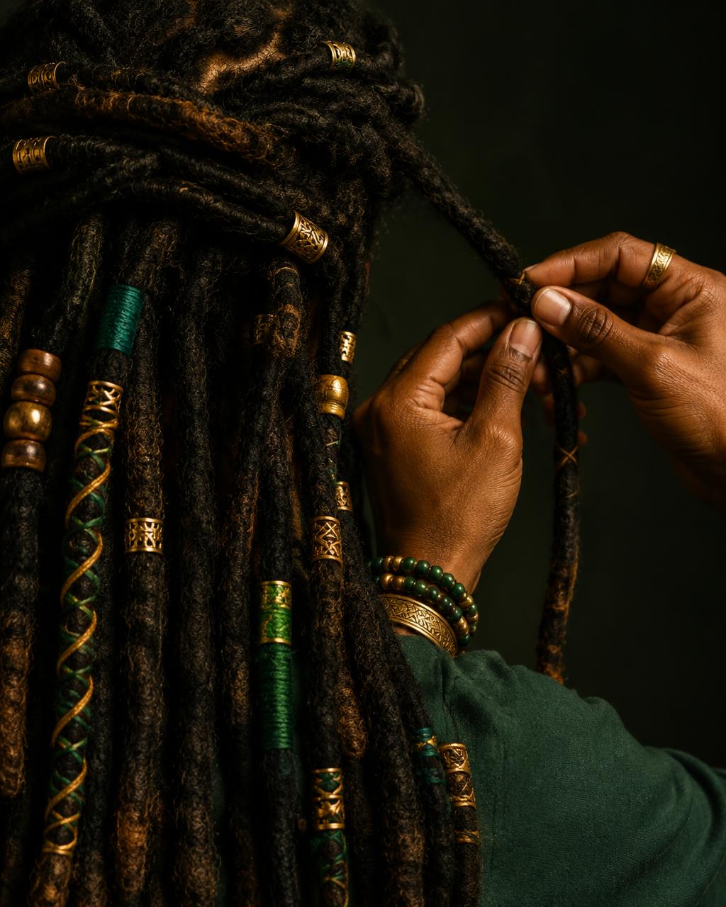 Mãos a trabalhar rastas com anilhas douradas