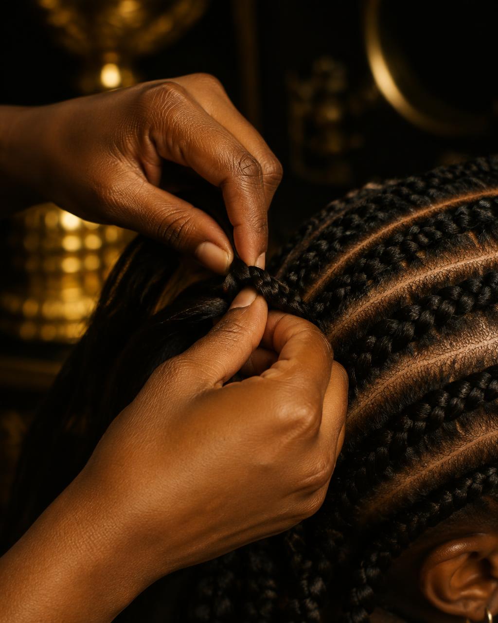 Mãos a entrançar cabelo em tranças rentes